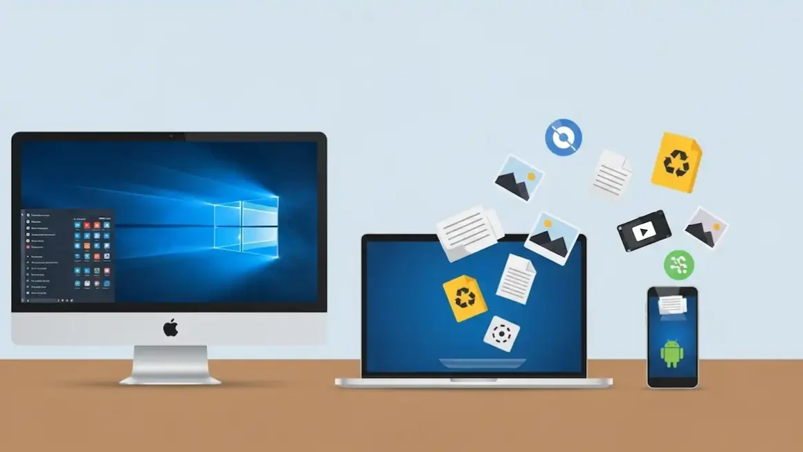 an icon of PC, a tablet and a smartphone with different files