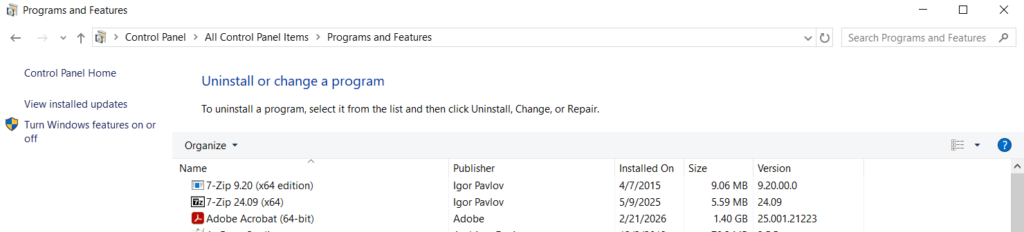 control panel uninstall