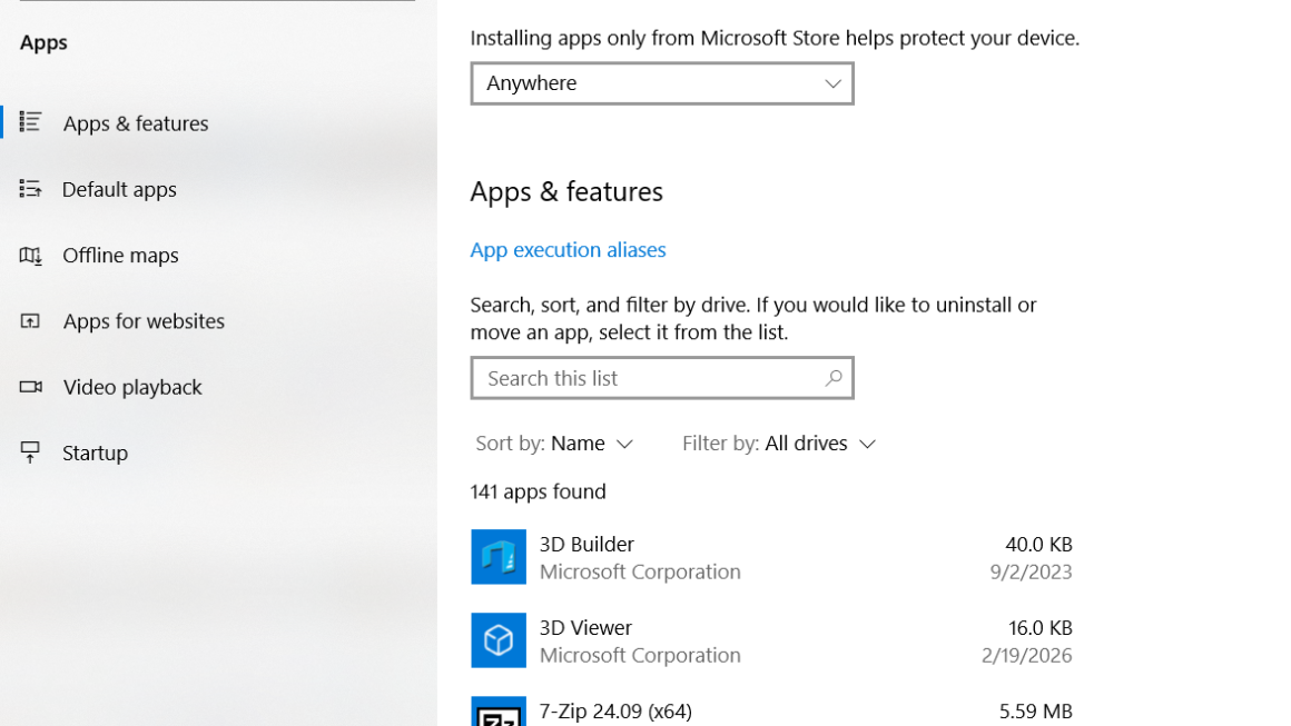 windows uninstall app